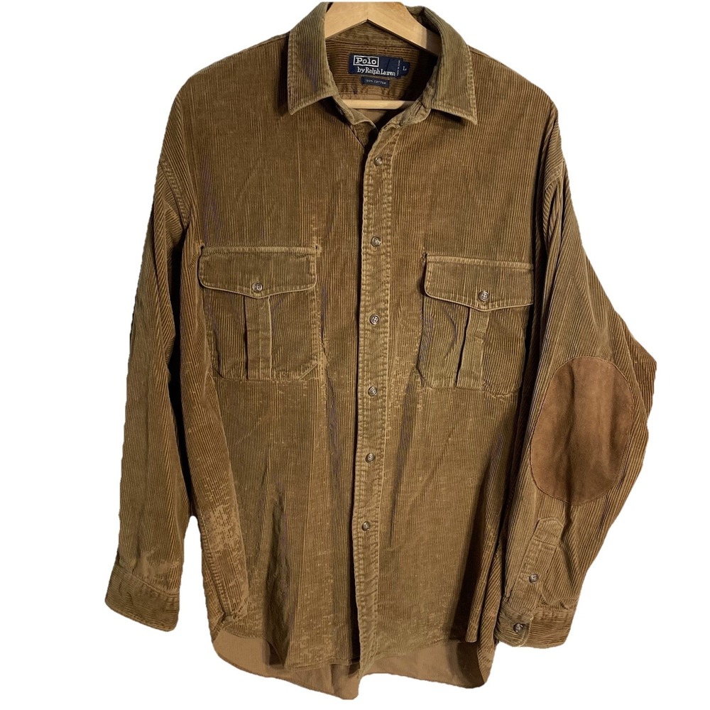 Vtg Polo Ralph Lauren Corduroy Elbow Patch Shirt Mens Large Brown Distressed 90s